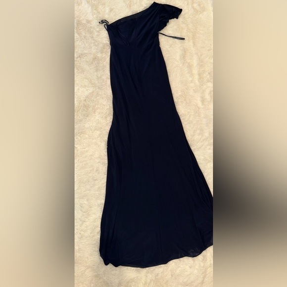 NWOT Mac Duggal Navy Blue Ruffle One Shoulder jersey Drape Gown sz 0 - Picture 4 of 7